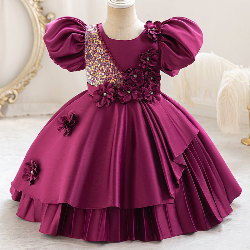 New in stock sequin floral kids' dress - princess style runway dress for girls
