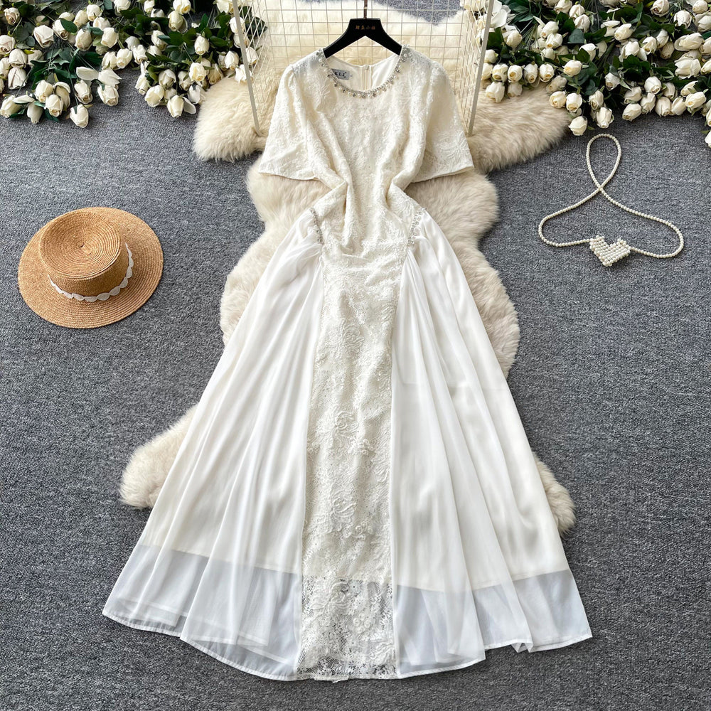 French-style cutout embroidered a-line dress - women's summer short sleeve high waist slimming elegant maxi dress