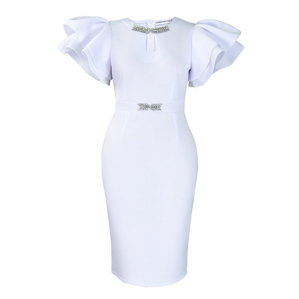 D580 european and american cross-border summer round neck lotus leaf sleeve studded hip-hugging dress party banquet cut out foreign trade dress