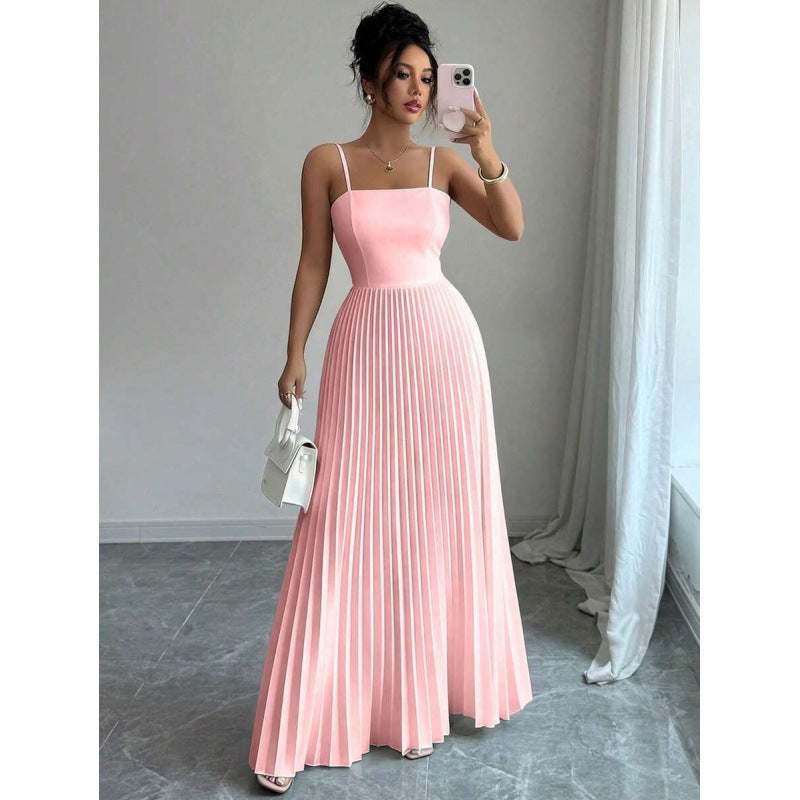 Amazon european goods summer fashion elegant solid color pleated waist-defining long slip dress