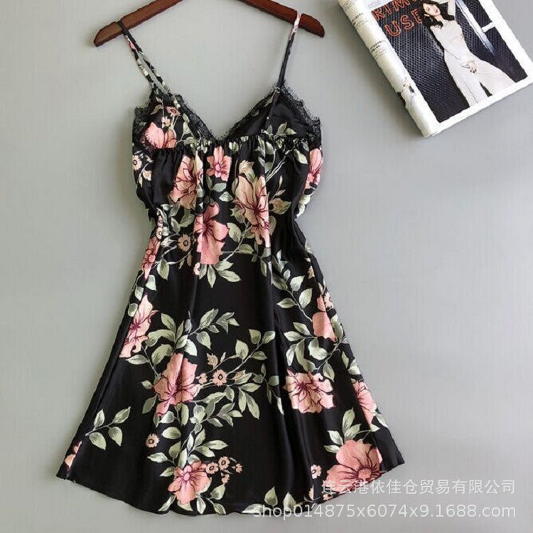 Women's sexy deep v-neck nightgown lace satin sleeveless slip dress lingerie home dress