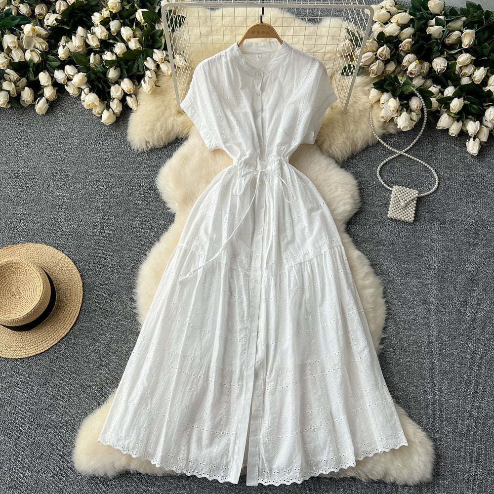 French gentle style sense of design drawstring waist round neck short sleeve single breasted cut outembroiderslimming lookelegantdress