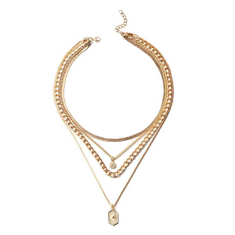 Wholesale alloy necklaces - new european and american cross-border style: minimalist diamond-studded rhombus square pendant, sun charm, multi-layer choker necklace for women