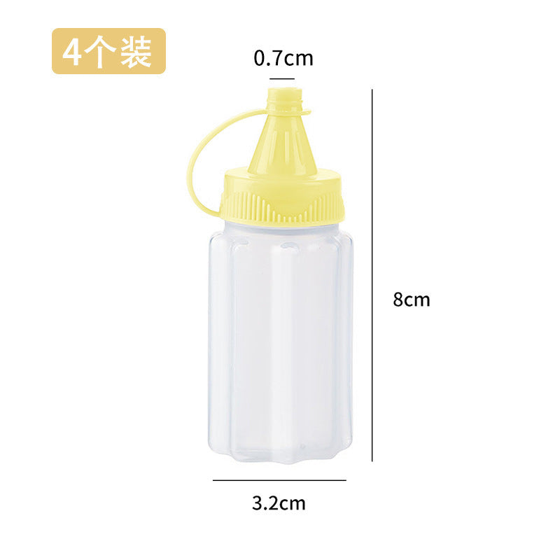 Four-piece seasoning set: transparent sauce dispenser bottles for outdoor bbq, kitchen spice jars, and condiment containers