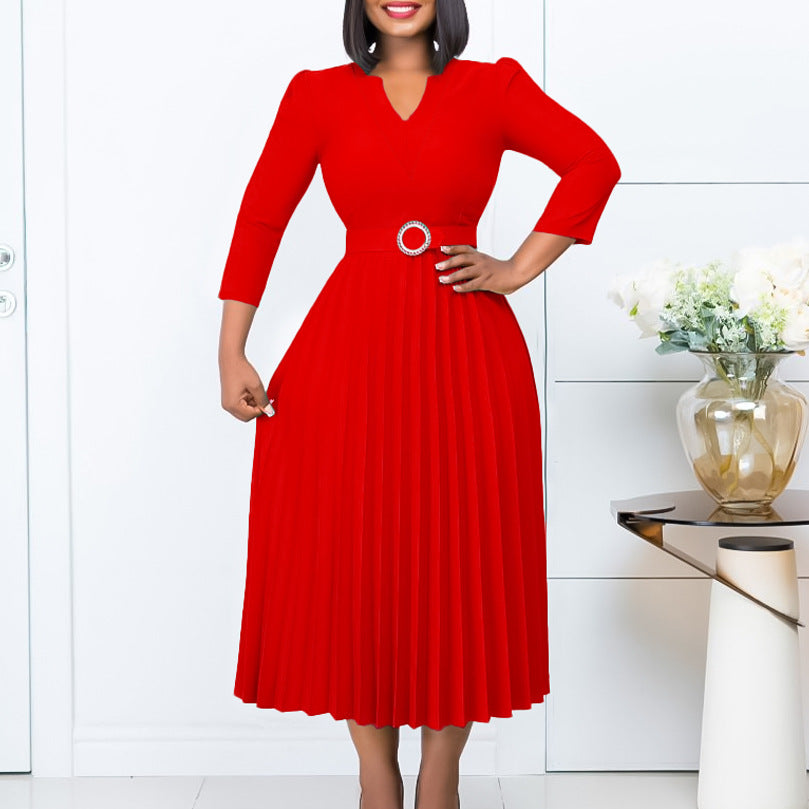 D426 independent station export women's clothing  autumn new v neck fashionelegantelegance pleated skirt fashiondress