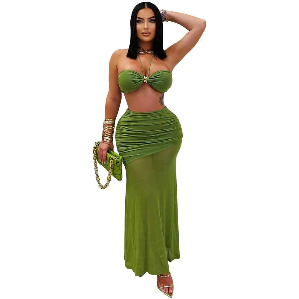 C7456 cross-border   fashion women's sexy bandeau sleeveless ruched mesh maxi dress new