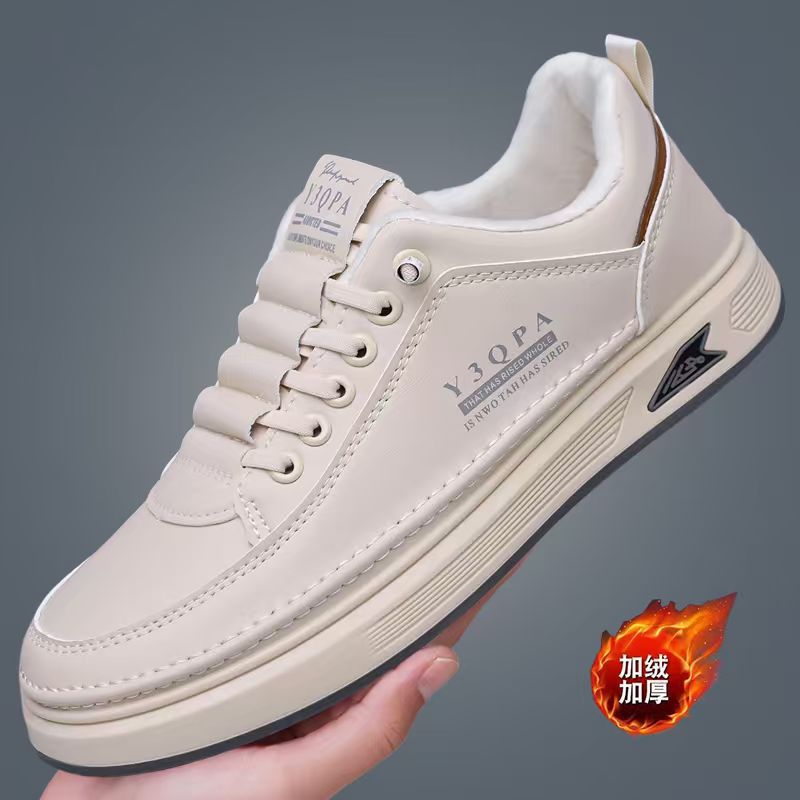 Winter men's new arrivals: versatile trendy white sneakers - non-slip, soft sole, athletic & casual shoes with thickened fleece lining for extra warmth