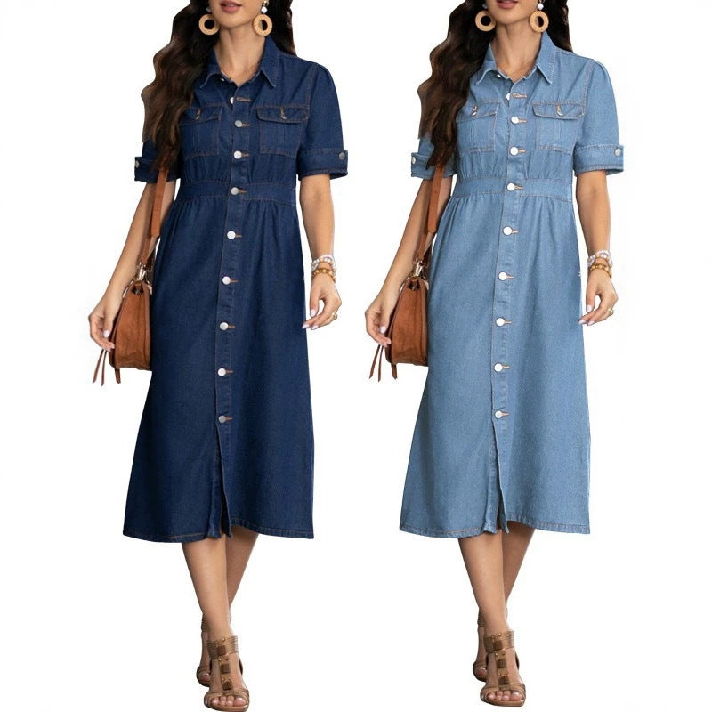summer lapel shirt denim dresselegant hair quality elegancecasualslimming look a-line skirt mid-length skirt