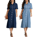 summer lapel shirt denim dresselegant hair quality elegancecasualslimming look a-line skirt mid-length skirt