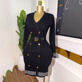 Elegant chanel-inspired v-neck double-breasted knit dress with cinched waist – a chic and sophisticated layering piece for spring and autumn