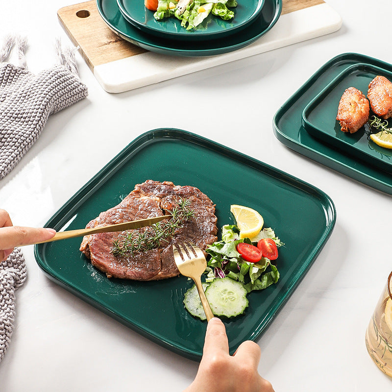 Nordic style creative green glaze ceramic steak plate - glossy green square/round plate - hotel-grade solid color salad plate