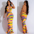C6882 cross-border   fashion women's printed sleeveless deep v backless maxi dress