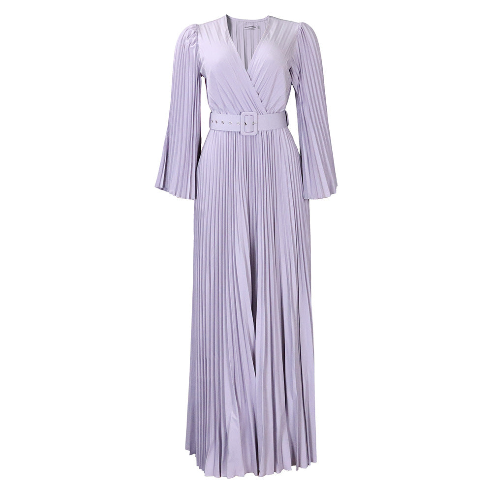 C8478 european and american women's clothing   new v-neck sexy pleated maxi dress cross-border dress