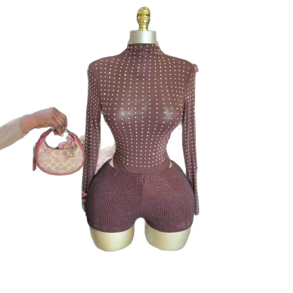 European and american cross-border women's fashion  summer new sexy hot girl studded stretch bodycon jumpsuit shorts set