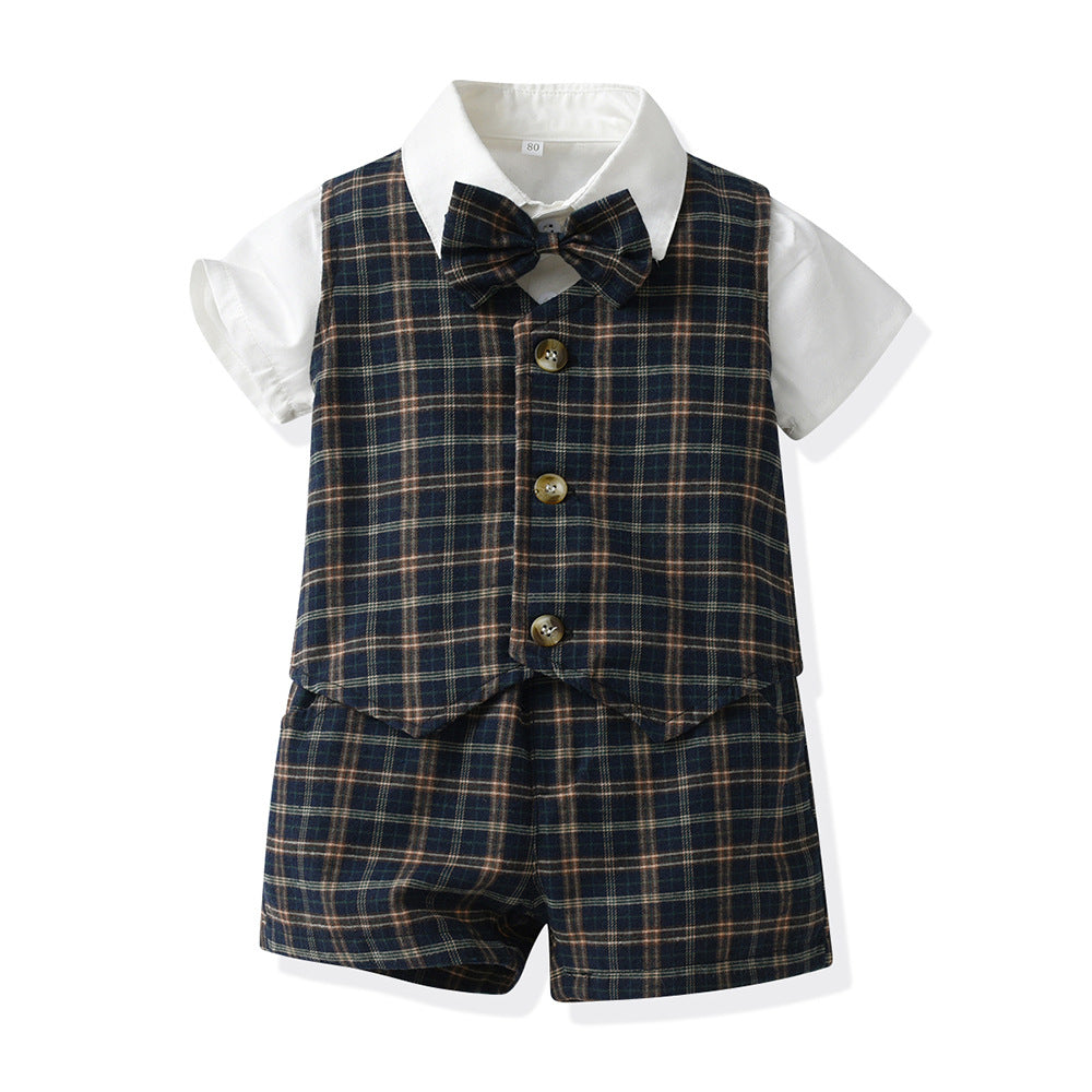 New boys' spring plaid vest three-piece set: gentleman's outfit for older boys, perfect for baby's first birthday celebration