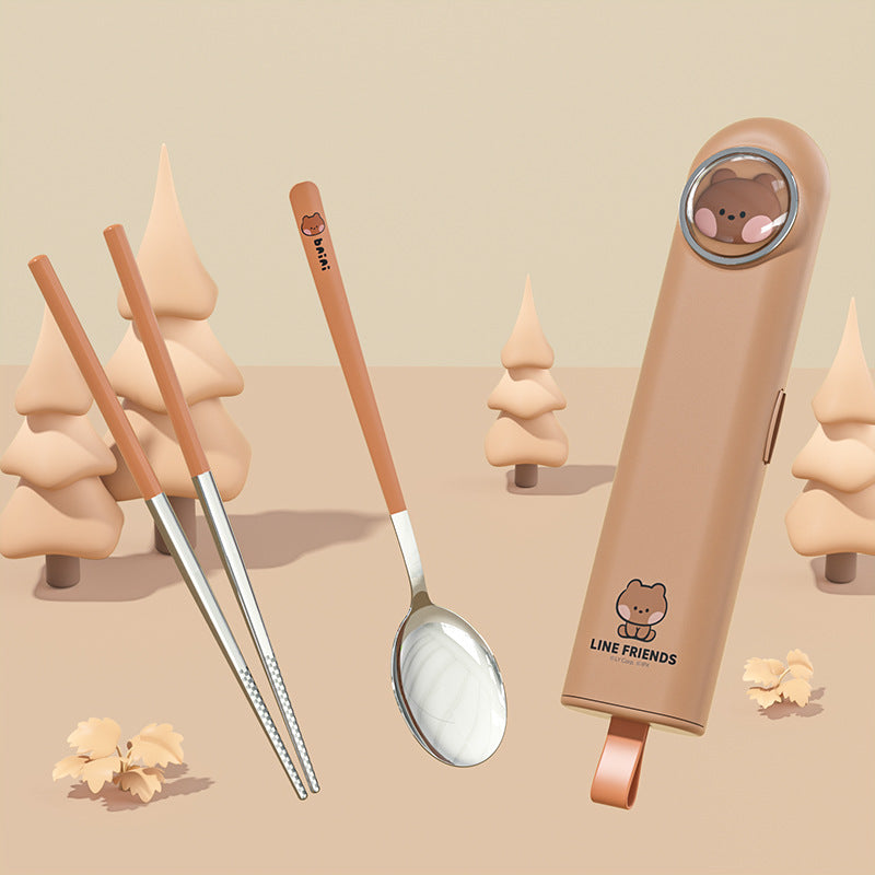 Cartoon cute portable tableware box student spoon chopsticks stainless steel picnic outdoor travel tableware set wholesale