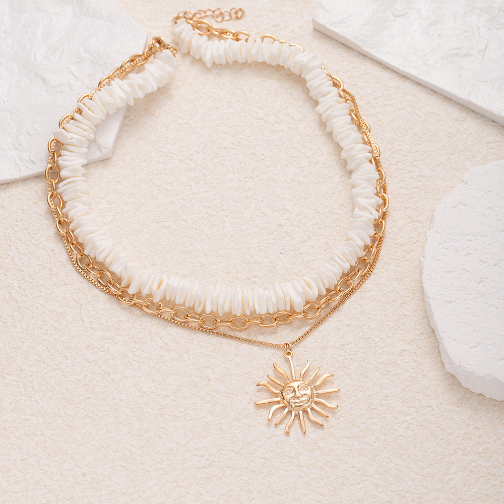 Natural shell necklace wholesale cross-border niche accessible luxury jewelry sun pendant multi-layered vacation style clavicle chain