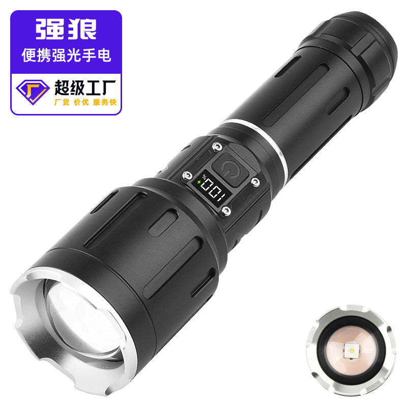 Cross-border new white laser flashlight digital display telescopic zoom TYPE-C charging can output strong light flashlight