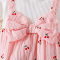 summer baby girl fly sleeve romper jumpsuit with cherry print and bow detail + headband outfit set