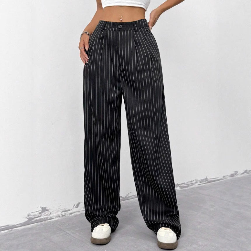 new european and american women's blue striped casual wide-leg trousers for commuting and leisure