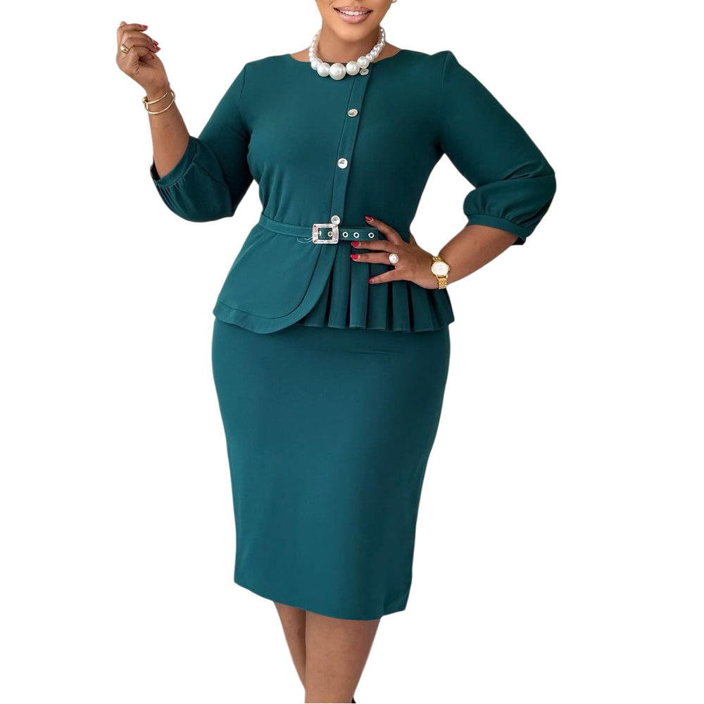 D607 new european and american elegant stretch bodycon round neck ruffle high waist chic bodycon solid color export dress