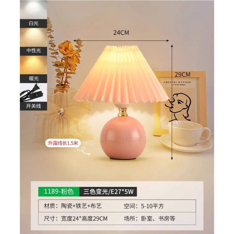 Table lamp bedside lamp pleated girl bedroom night lamp Nordic Internet celebrity ins decorative ceramic atmosphere lamp 1