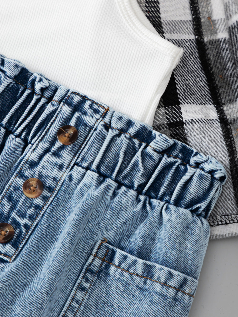 New arrivalautum cross-border girl's woolen lapel shirt suspender denim vest heavy washing water worker jeans three-piece set
