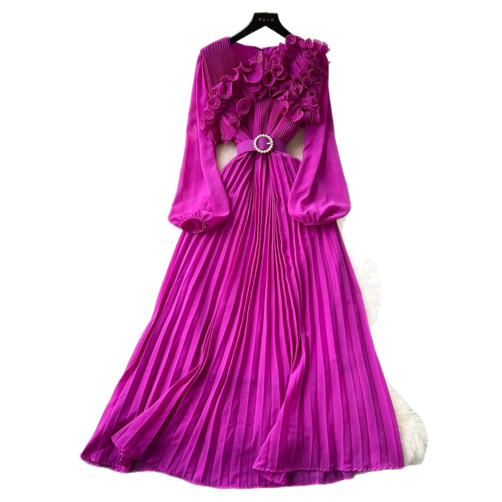 new arrival: exquisite, niche-style pleated dress with 3d lace, lantern sleeves, and tie-waist detail for a slimming and elegant silhouette
