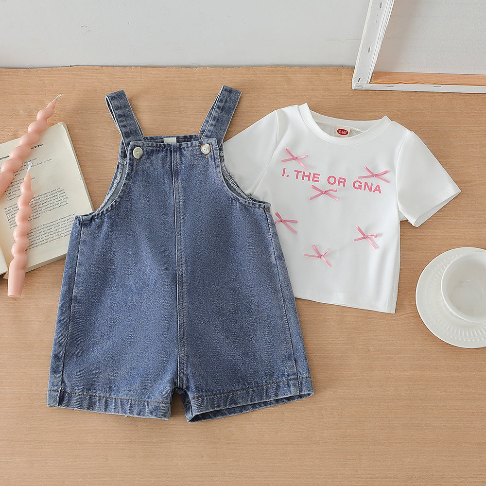 new cross-border baby & toddler printed top + 3d bunny ear overalls denim jumpsuit two-piece set
