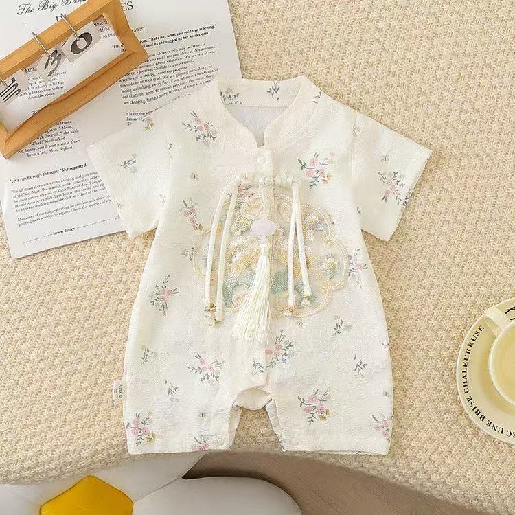 Infant chinese style romper - summer lightweight hanfu style - perfect for full month, first birthday, and baby shower - trendy bodysuit/rouge