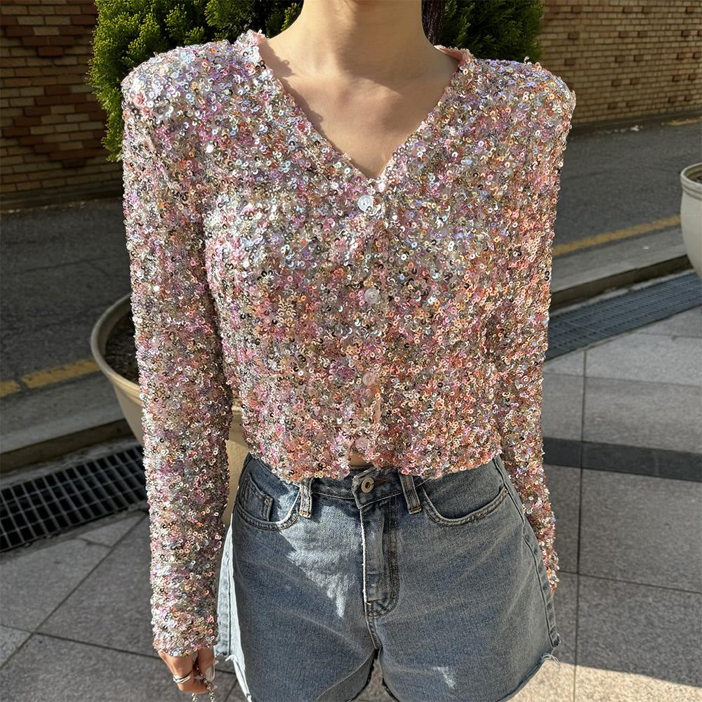 new european and american  style long sleeve urban casual color block loose fit pullover sequin v-neck t-shirt top for women