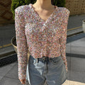 new european and american  style long sleeve urban casual color block loose fit pullover sequin v-neck t-shirt top for women