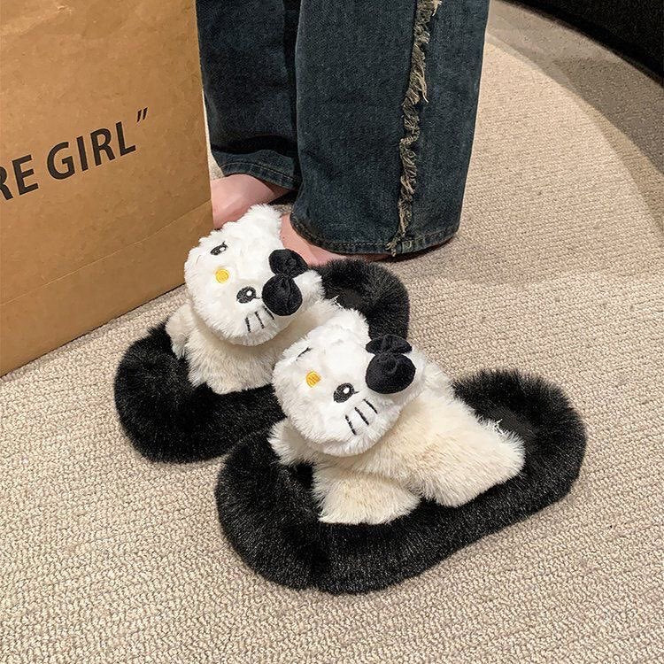 Versatile fuzzy slippers for women, thick-soled outdoor wear, new autumn/winter styles, trending online, platform sole, height-increasing, criss-cross cotton slippers