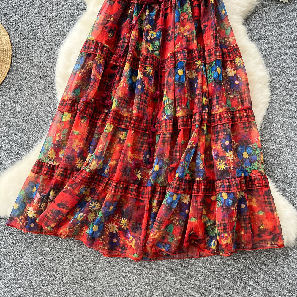 Luxury camisole dress for women -  summer collection: floral print, cinched waist, elegant, maxi length, french style