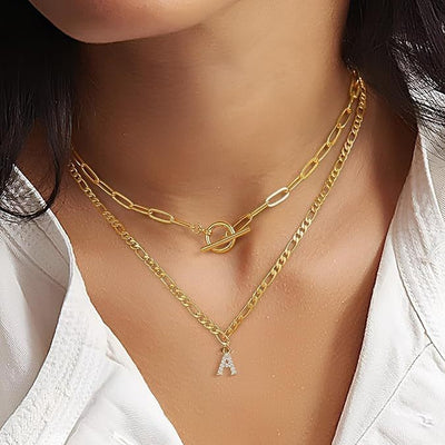2024 new cross-border fashion necklace: layered initial pendant with cubic zirconia and interlocking paperclip chain