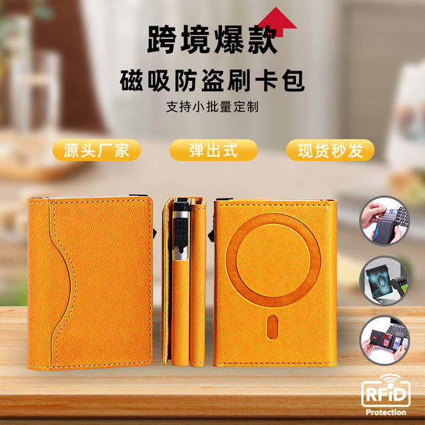 Spot Aluminum Alloy Card Case Leather Mobile Phone Case Magnetic Card Holder Apple MagSafe Credit Card Anti-theft Brush Wallet