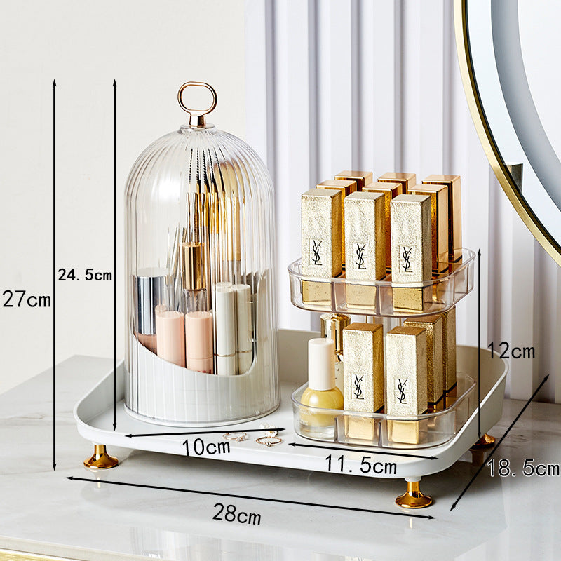 Cosmetic organizer box - trendy transparent rotating makeup brush holder with lid, dustproof desktop lipstick organizer
