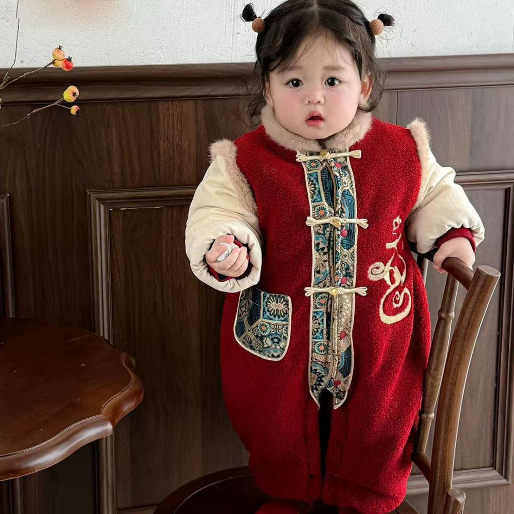 Winter toddler baby festive new year outfit - thickened onesie, warm fleece romper for chinese new year celebrations