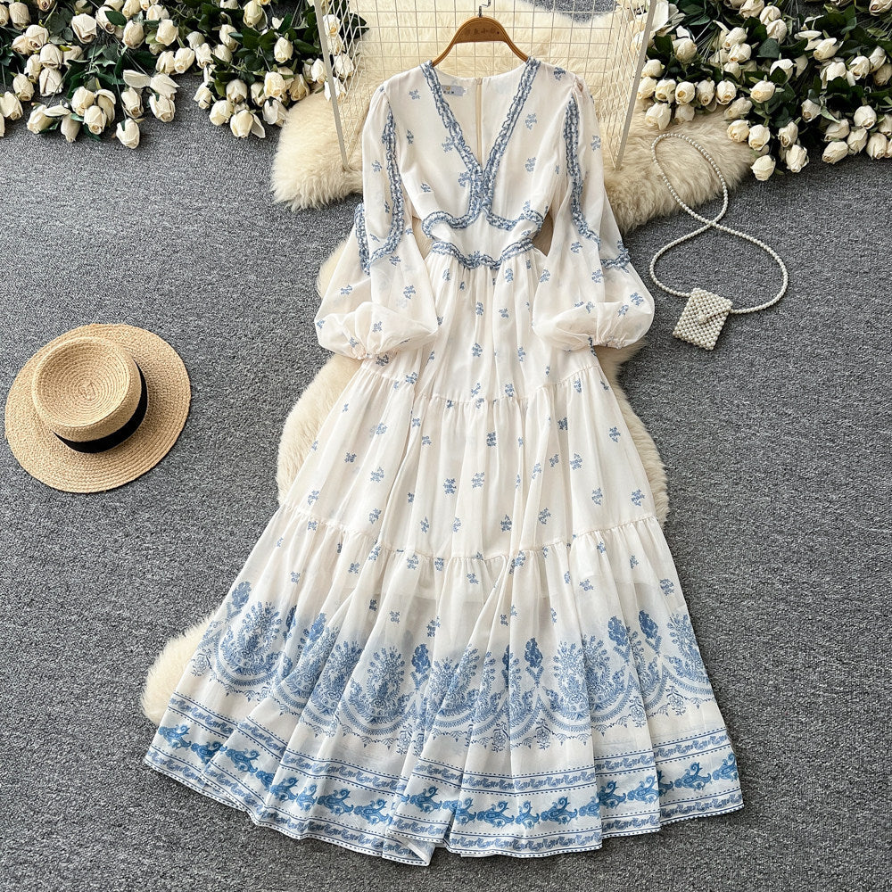 French chic floral slim-fit dress - women's long sleeve v-neck high waist a-line romantique pink plus size maxi dress