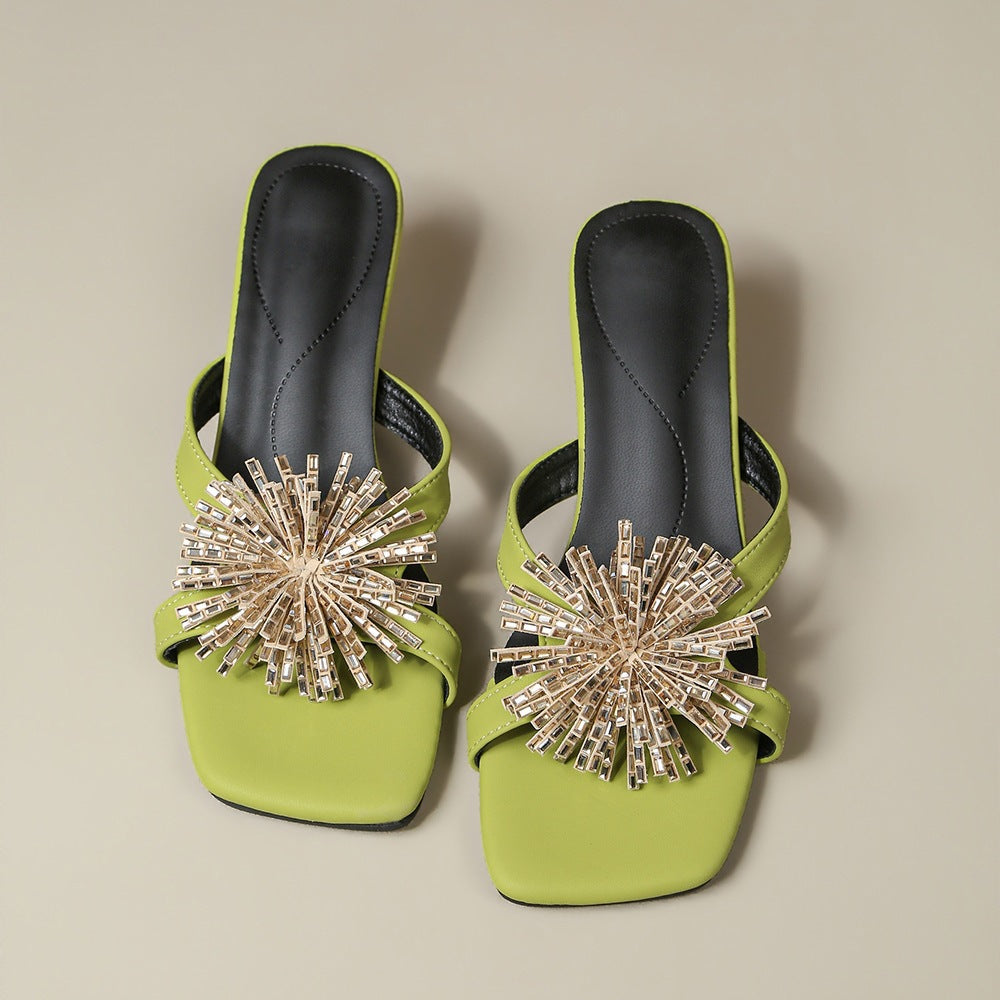 2026new arrival crystal fireworks fairy shoes thick heel sandals outwear sandals women's shoes fashionelegant one-line slippers