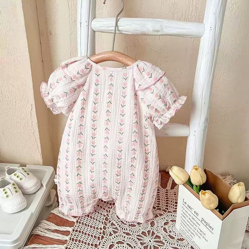Newborn baby summer outfit set: lightweight summer clothes for baby girls, princess short-sleeve gauze romper, pure cotton summer wear