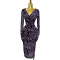 sexyelegance cross v neck leopard print printingdress rhinestone silm hip slit long skirt women's dress
