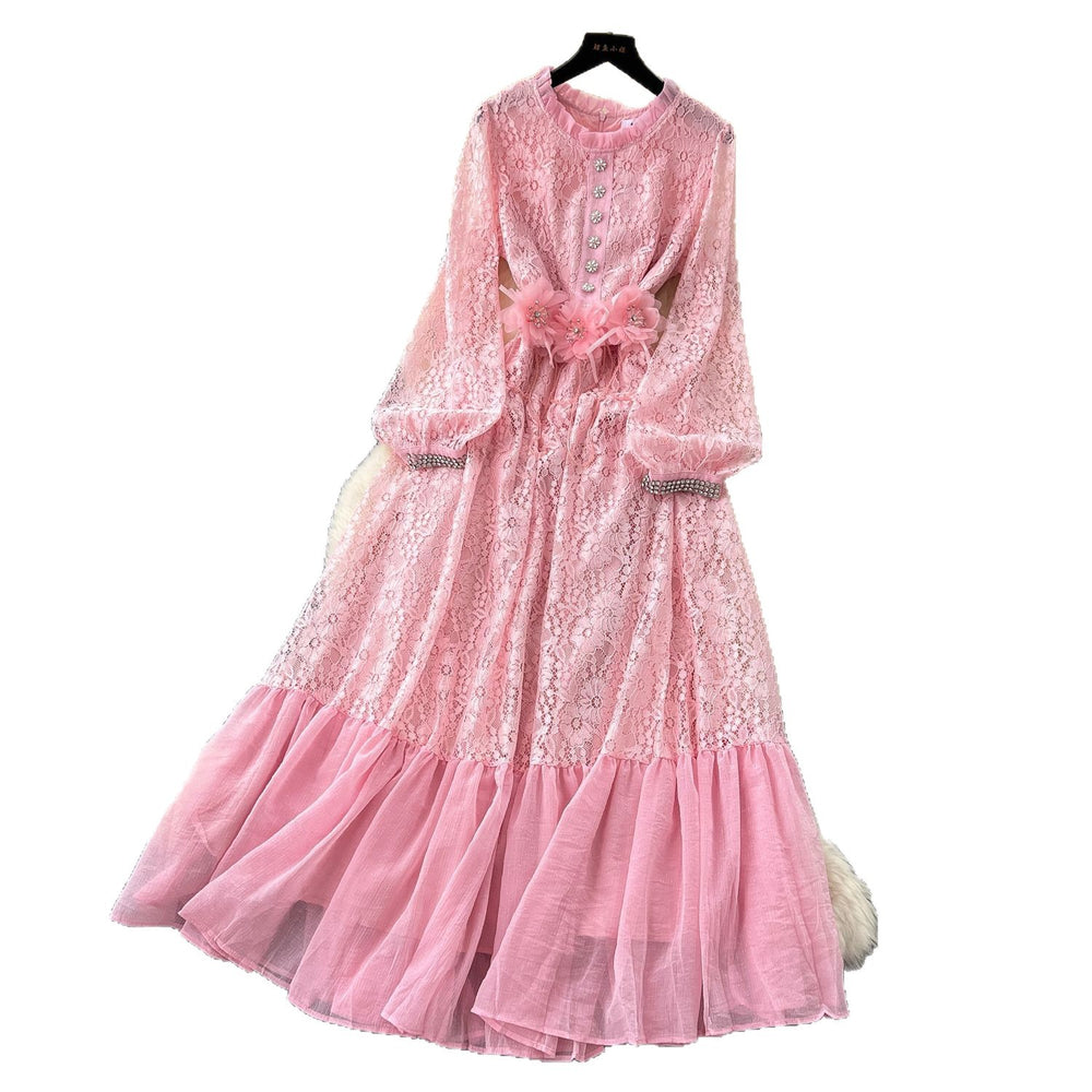 Luxury european and american style high-end puff sleeve dress - women's summer diamond-studded lace mesh patchwork ultra-fairy maxi dress