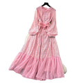 Luxury european and american style high-end puff sleeve dress - women's summer diamond-studded lace mesh patchwork ultra-fairy maxi dress