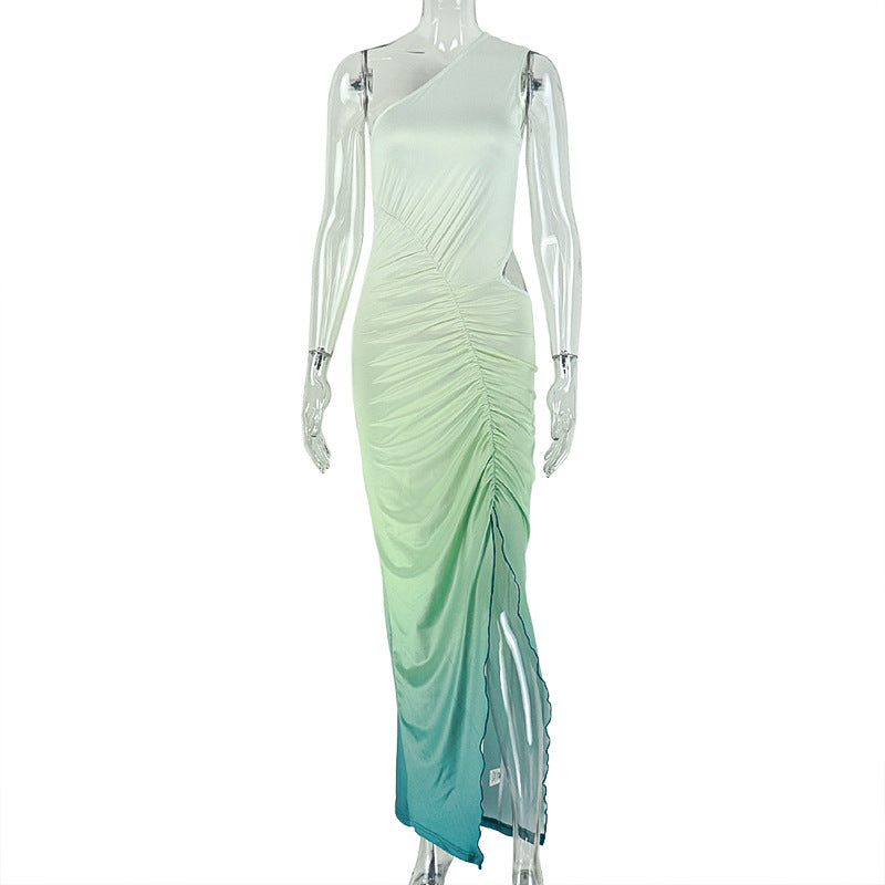 Fashion style women's clothing gradient color export slit elegant hip skirt street cut out slanted collar sleeveless long dress trendy