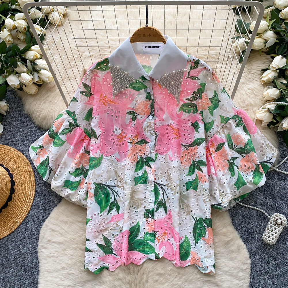 Vacation style heavy industry diamond-encrusted doll collar lantern sleeve printingshirt women's summer short-sleeved looseslimming lookcardigantops