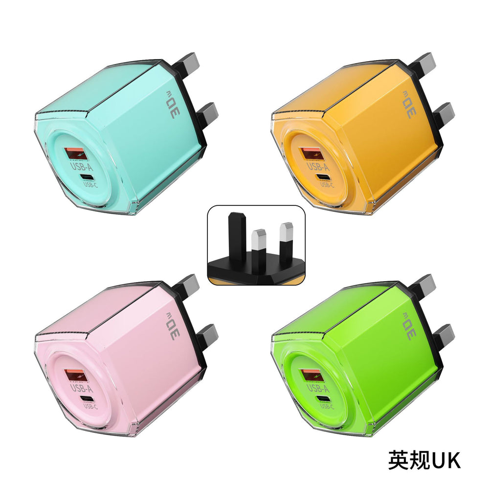 pd 30w crystal clear charger - 20w dual-port a+c multi-port fast charging adapter, compatible with apple chargers