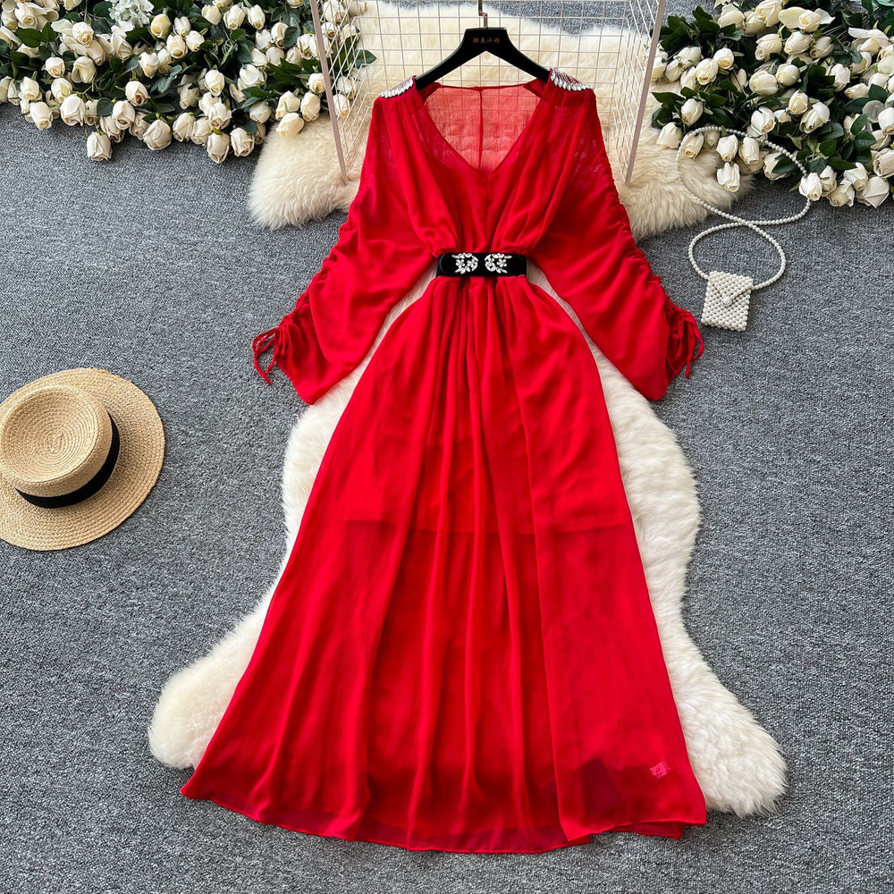 French chic diamond-embellished v-neck batwing sleeve tie-waist maxi dress - slimming, elegant, and flowy chiffon