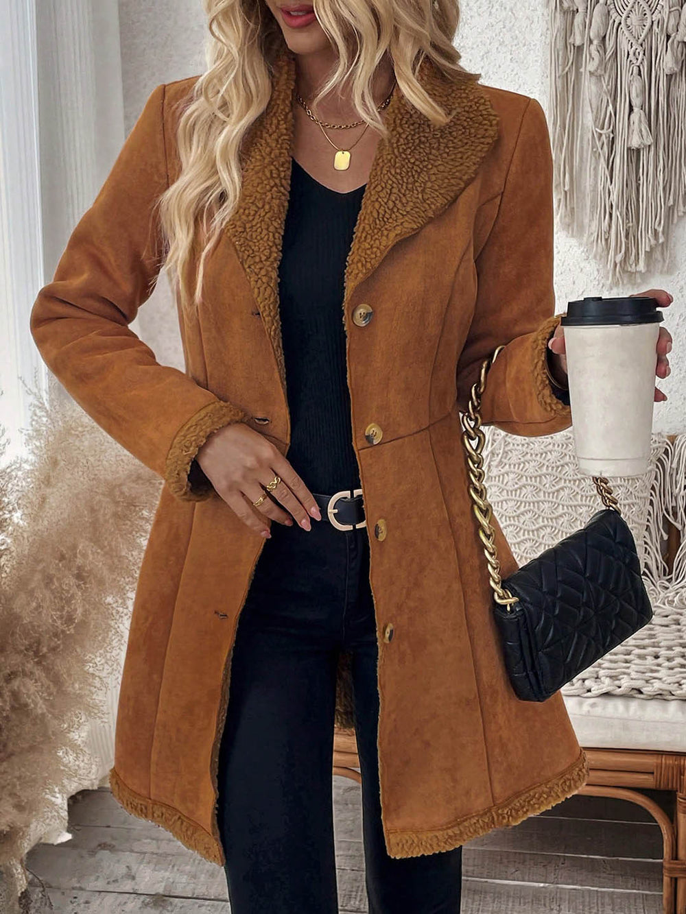 European and american retro style women's jacket - notch lapel, suede & lambswool patchwork, single-breasted, cinched waist, mid-length women's coat