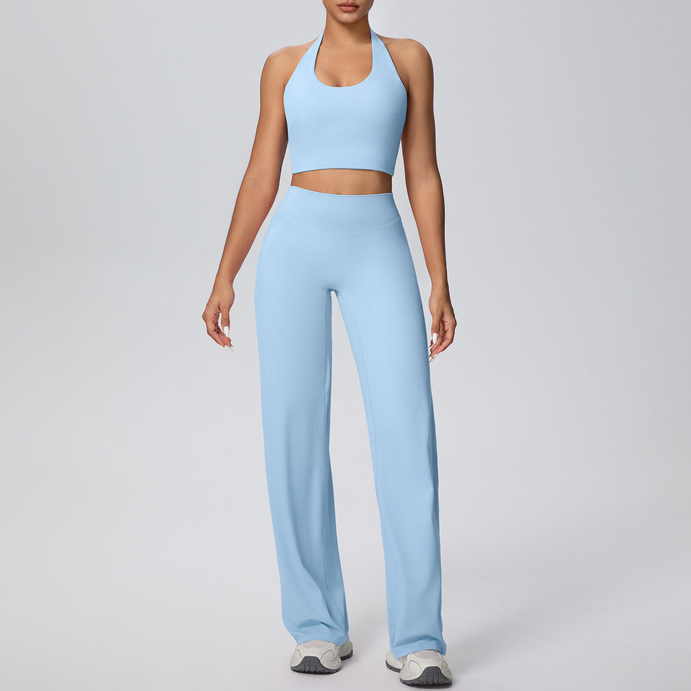 New arrival cross-border pure color double-sided brushed halter wide-leg pants yoga suit sports running fitness two-piece set for women